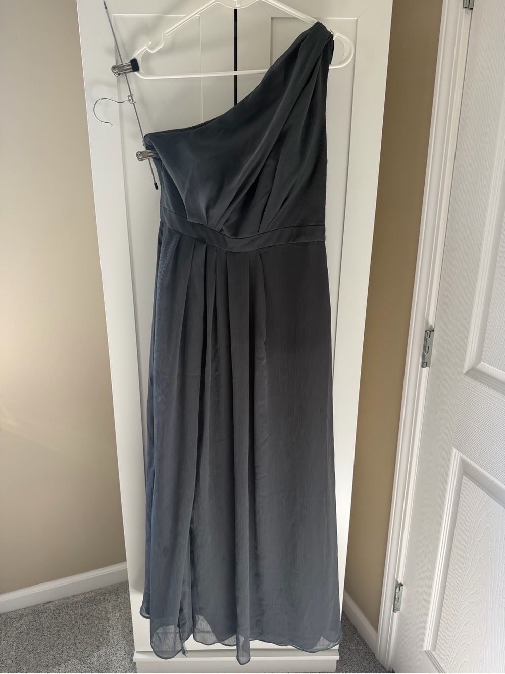David's Bridal One-Shoulder Graphite Bridesmaid Dress